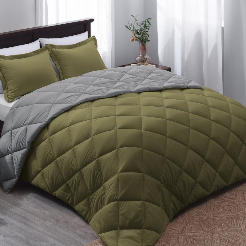 Basic Beyond Queen Comforter Set - Olive Green Comforter Set Queen, Reversible Bed Comforter Queen Set for All Seasons, Olive Green/Charcoal Gray, 1 Comforter (88"x92") and 2 Pillow Shams (20"x26"+2") - Image 1